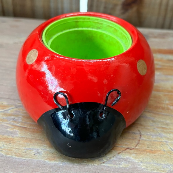 Rocket Farms Red Lovebug Ladybug Mini Planter Gold Polka Dots - Picture 10 of 10